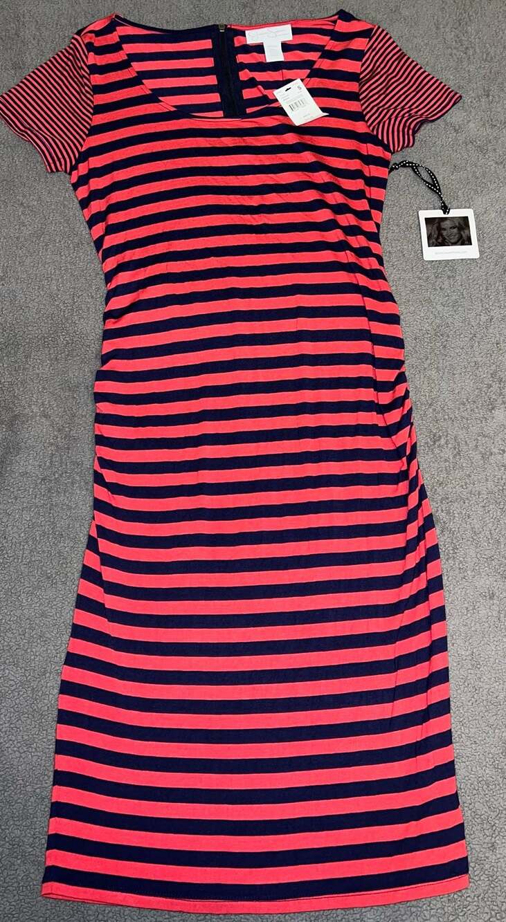 Jessica Simpson Maternity Ruched Striped Short Sleeve Maxi Dress